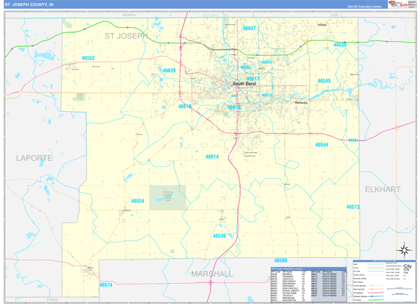 St Joseph County In Zip Code Wall Map Basic Style By Marketmaps 4391